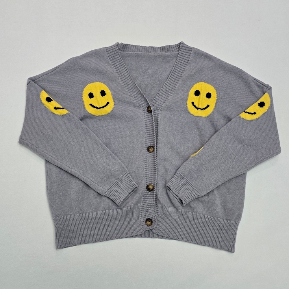 Smiley Face Graphic Knit Cardigan Grey Yellow XL HY052-XYT-07 - Picture 4 of 12